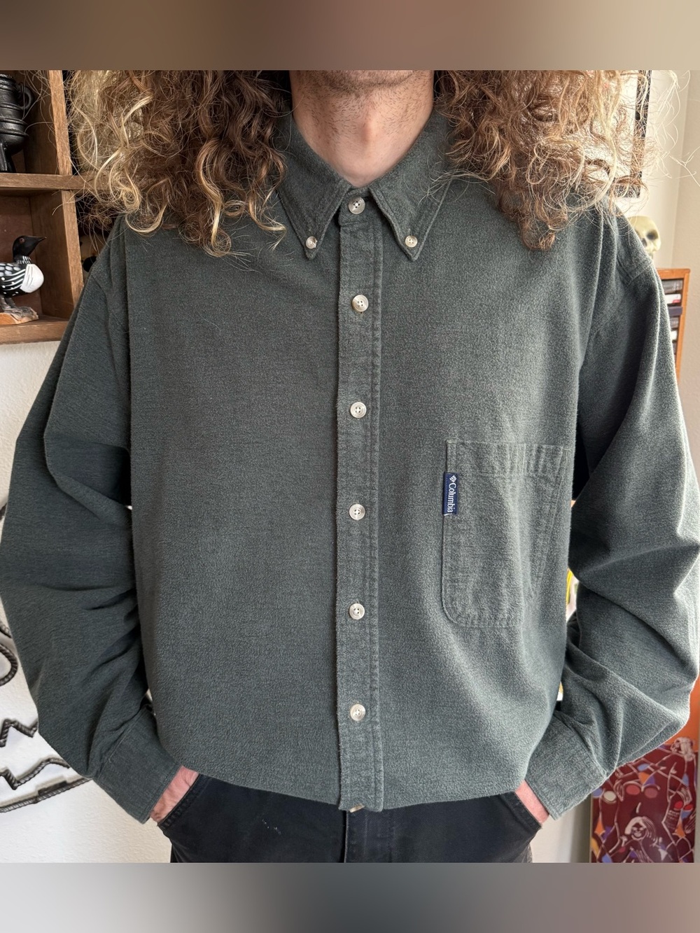 Vintage 90s Columbia Green Chamois Button Down Shirt ~ Size Large
